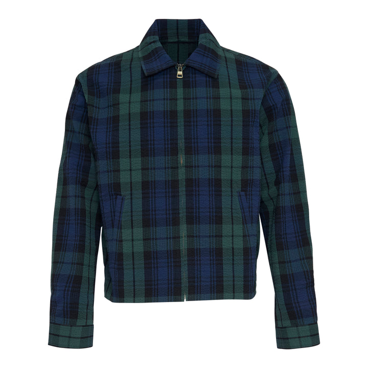 JW Anderson Front Zip Blouson in Black Watch tartan cotton seersucker, featuring a spread collar, gold-tone zip closure, and angled hip pockets