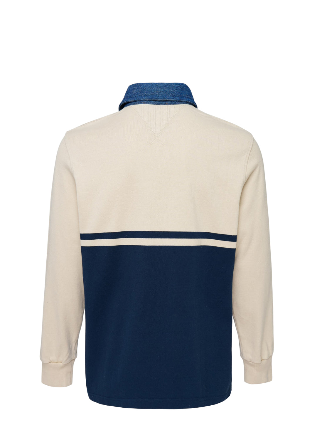 JW Anderson long sleeve polo in cream and navy colour-block with a washed denim collar, three-button placket and embroidered chest logo - view 2