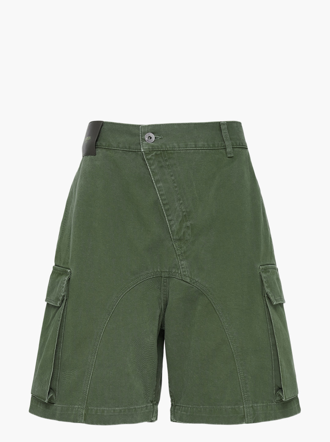 JW Anderson twisted patch pocket shorts in olive green with asymmetric fly, curved seams and flap cargo pockets