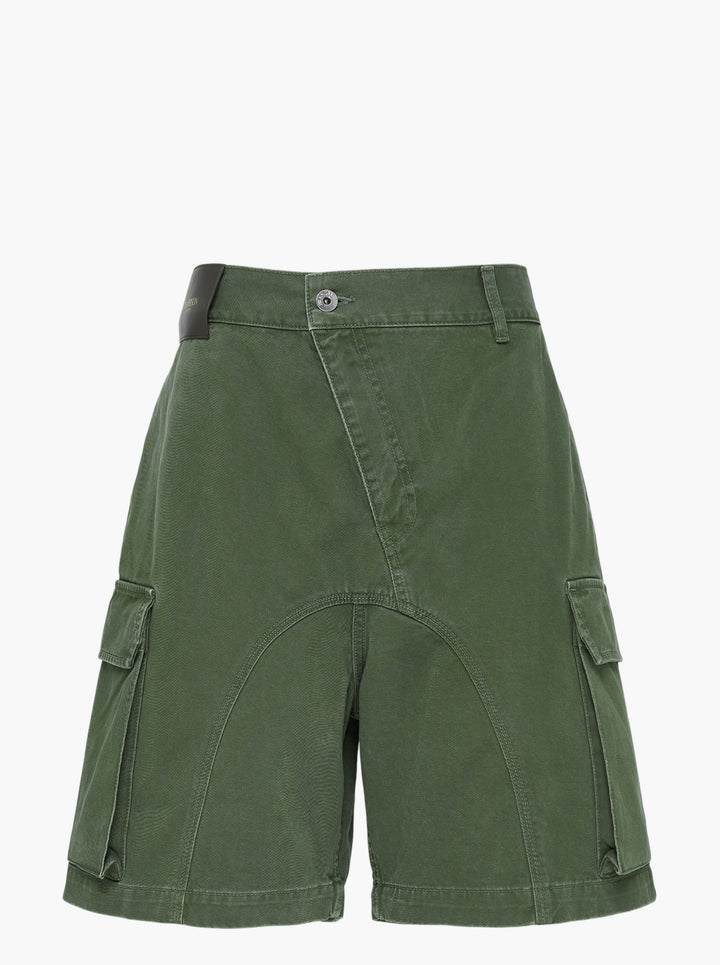 JW Anderson twisted patch pocket shorts in olive green with asymmetric fly, curved seams and flap cargo pockets