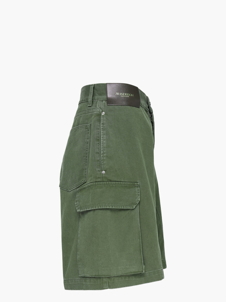 JW Anderson twisted patch pocket shorts in olive green with asymmetric fly, curved seams and flap cargo pockets - view 2