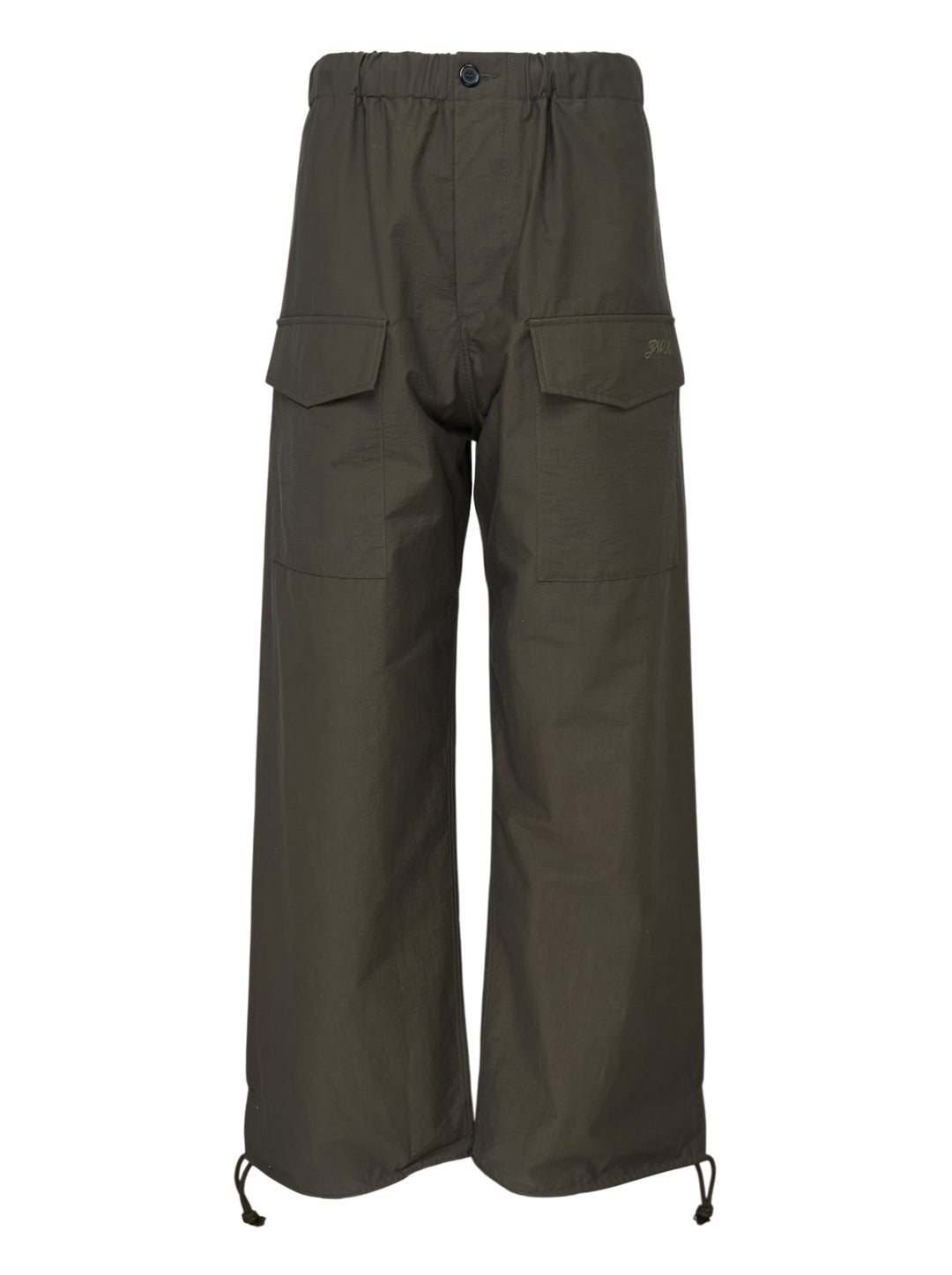 JW Anderson olive textured parachute track pants with wide legs, flap cargo pockets, elasticated waist and drawcord hems