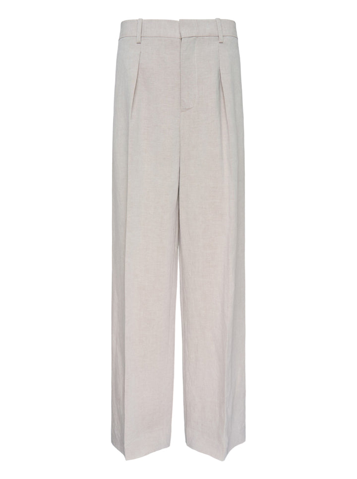 JW Anderson single pleat wide-leg trousers in oatmeal linen, shown from the front