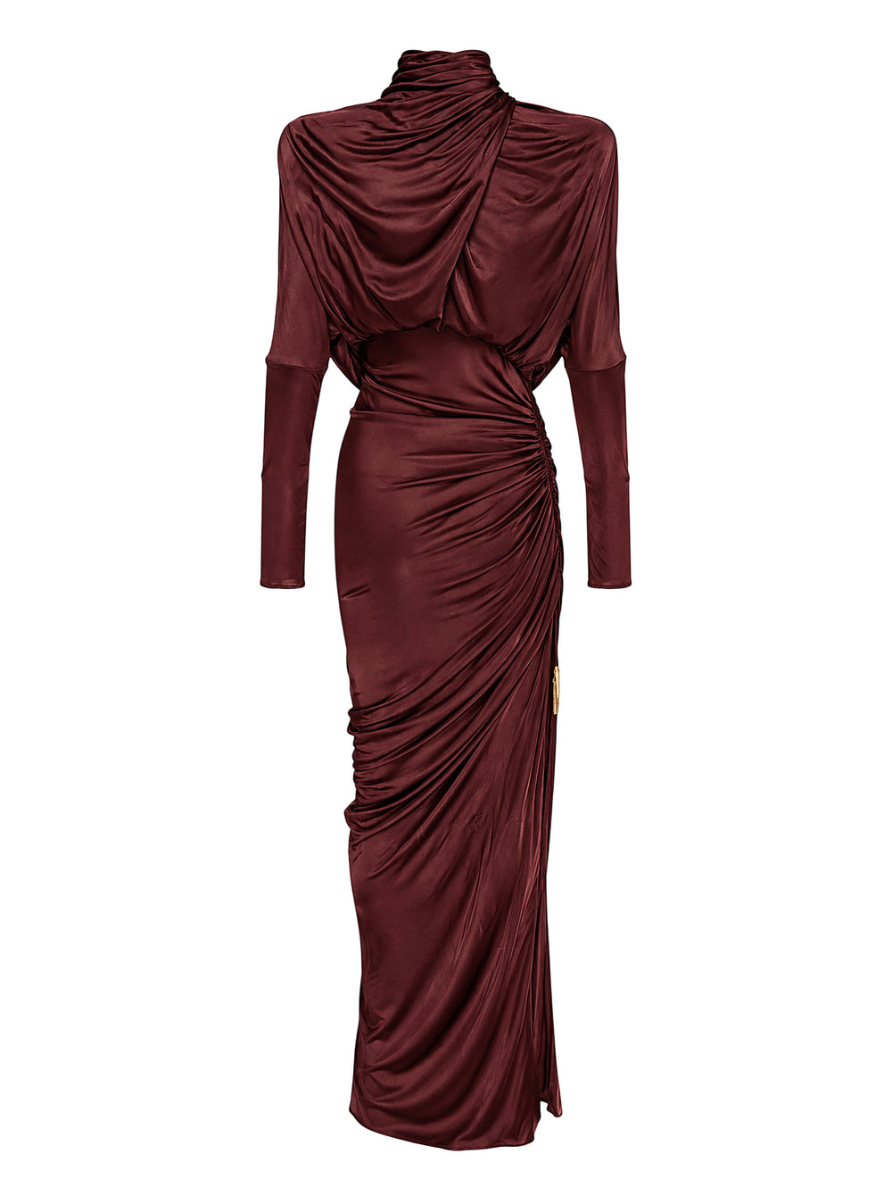 Balmain burgundy viscose jersey maxi dress with a draped cowl neckline, high collar with gold-tone hardware, long sleeves, and a ruched asymmetric skirt - view 2