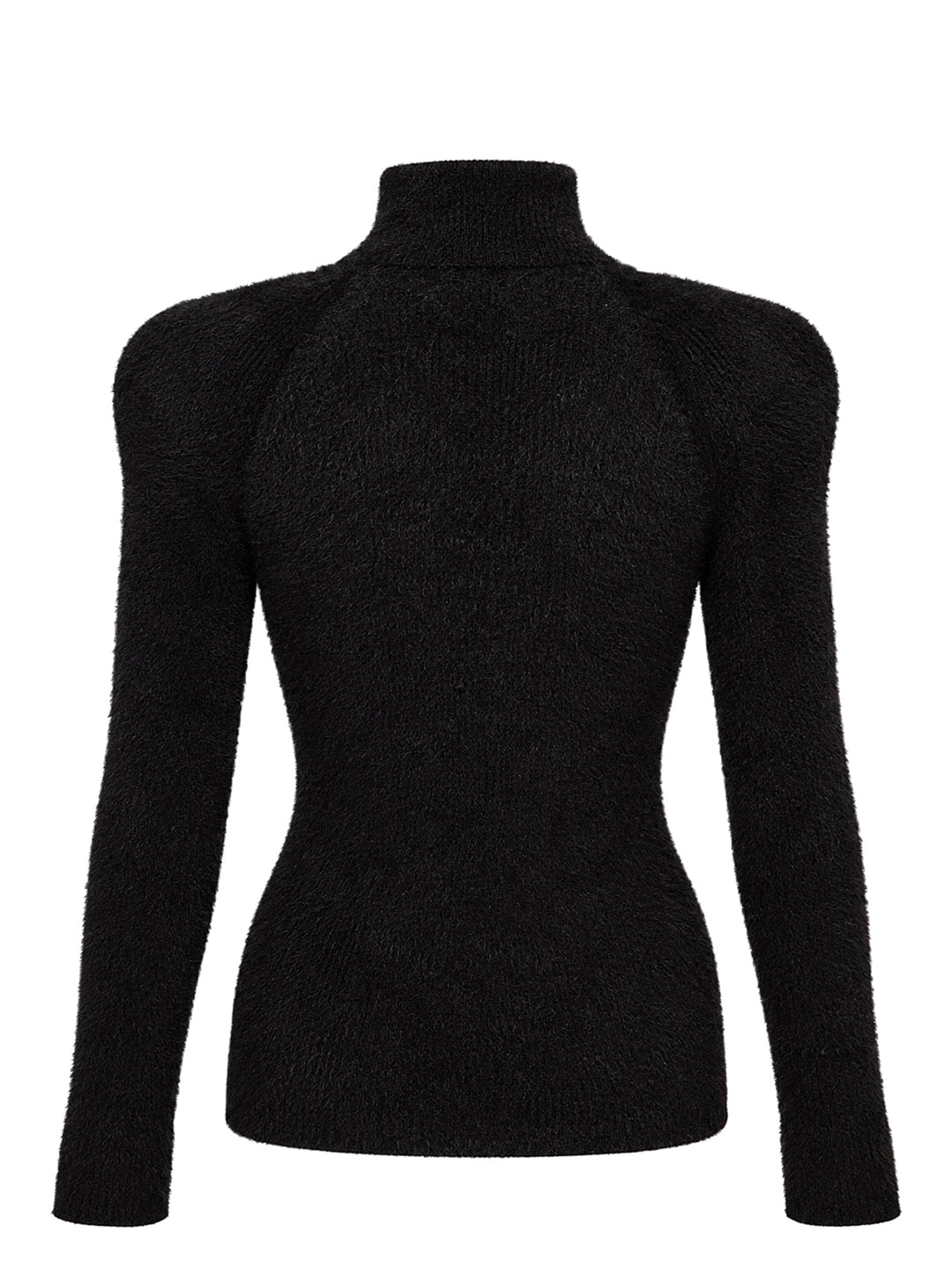 Balmain black fluffy ribbed viscose knit turtleneck with structured shoulders and long sleeves, shown from the front - view 2