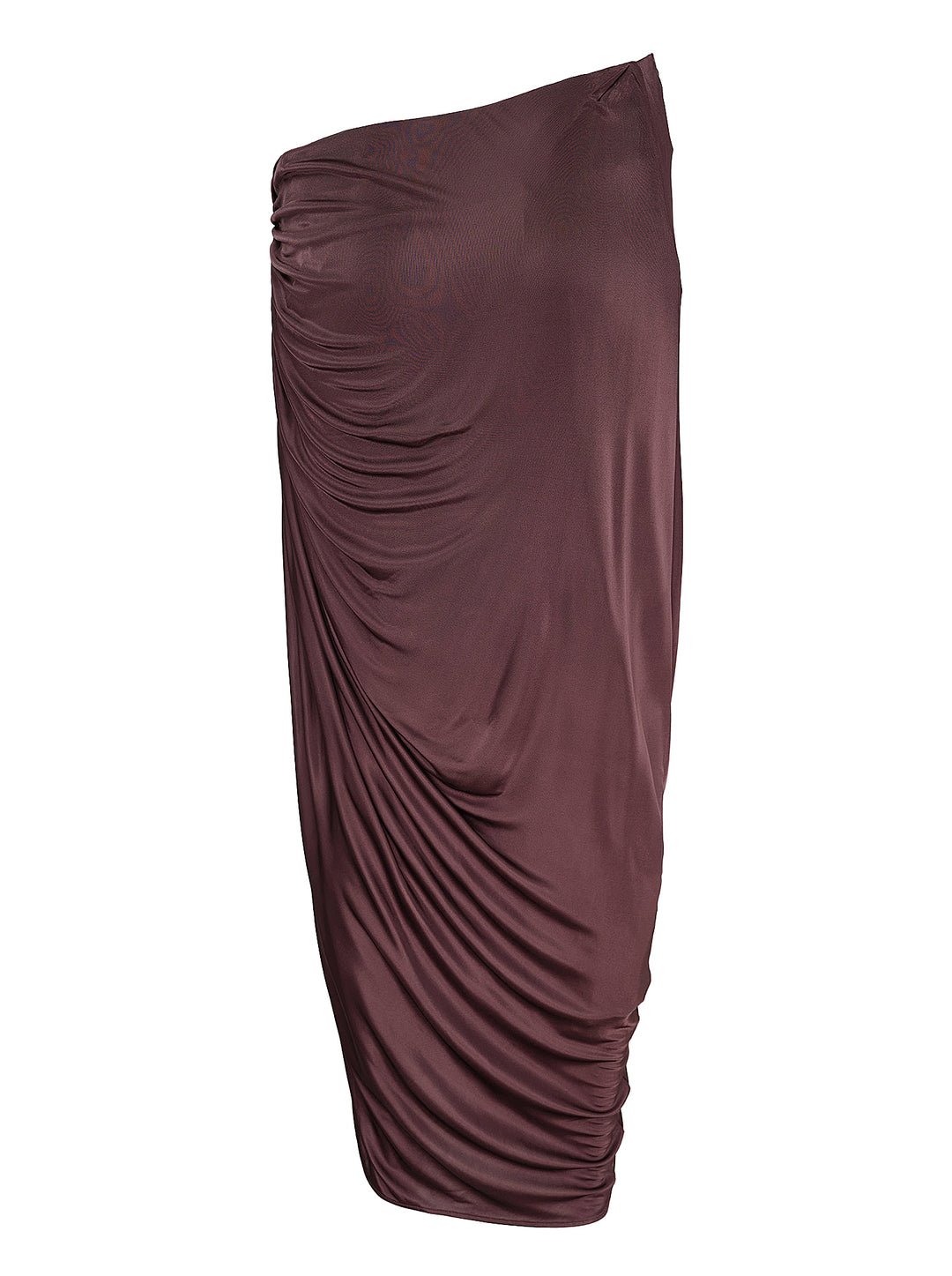 Balmain draped jersey midi skirt in deep burgundy with asymmetric waist, ruched side detail, front slit and gold-tone tassel - view 2
