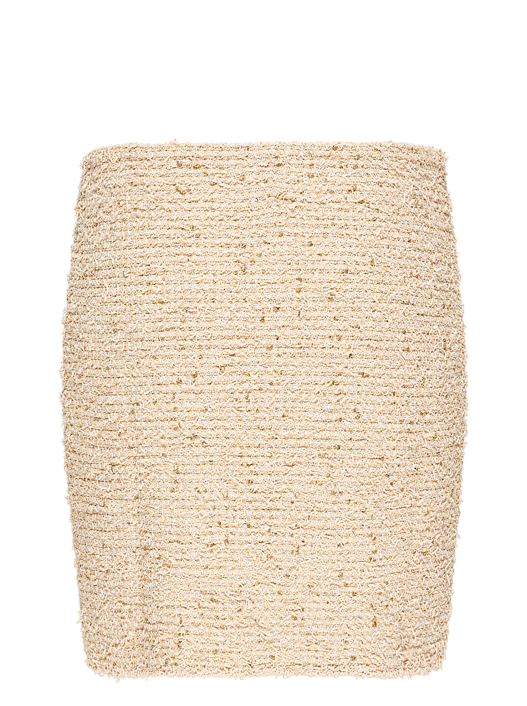 Balmain cream tweed knit mini skirt with gold metallic flecks and two flap pockets with embossed gold-tone buttons - view 2