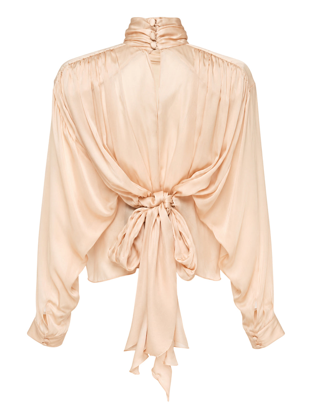 Balmain long sleeve silk charmeuse blouse in a soft blush tone with a draped high neck, gathered shoulders and a tie-back bow - view 2