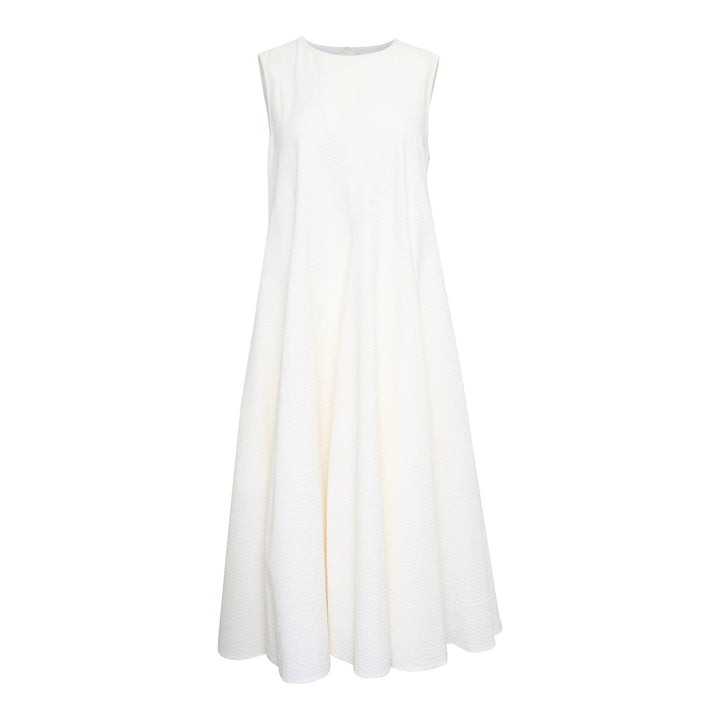 JW Anderson Cloqué Cotton Seersucker Dress in off-white, featuring a sleeveless design with a crew neckline and a full A-line skirt in textured puckered fabric