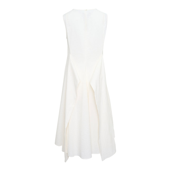 JW Anderson Cloqué Cotton Seersucker Dress in off-white, featuring a sleeveless design with a crew neckline and a full A-line skirt in textured puckered fabric