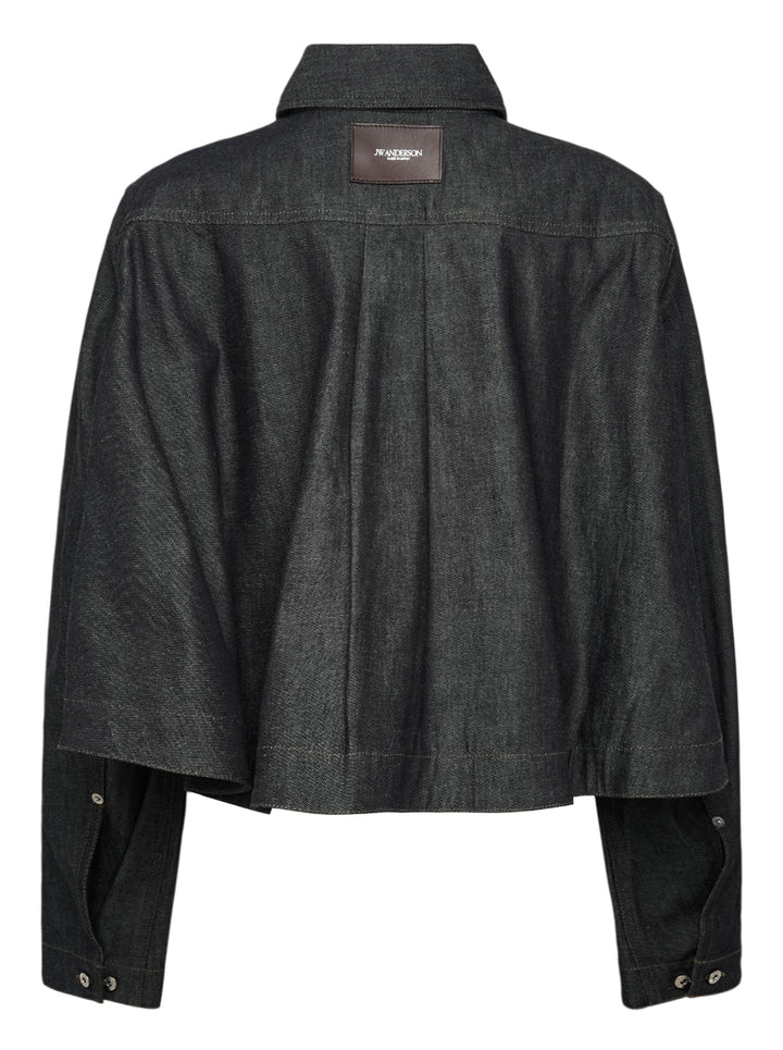 JW Anderson dark indigo lightweight denim flare hem shirt with detached dropped sleeves, cropped body, point collar, patch chest pocket, and mixed mother-of-pearl button fastening — front view - view 2