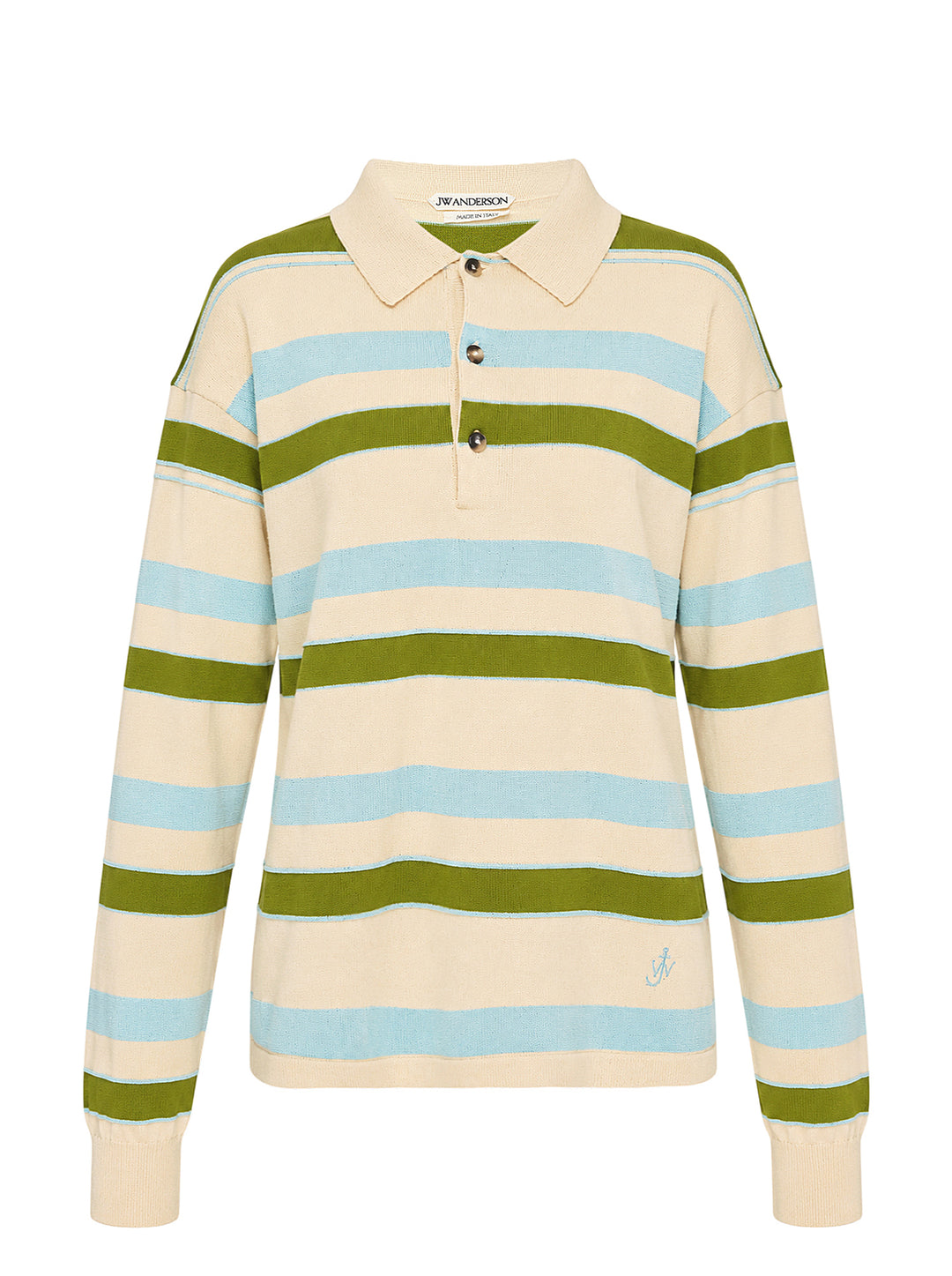 JW Anderson Rugby Knitted Polo in cream with green and light blue horizontal stripes, collar, three-button placket and embroidered anchor logo