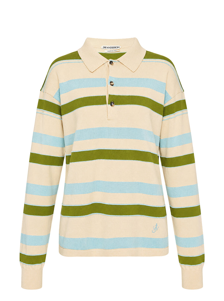 JW Anderson Rugby Knitted Polo in cream with green and light blue horizontal stripes, collar, three-button placket and embroidered anchor logo