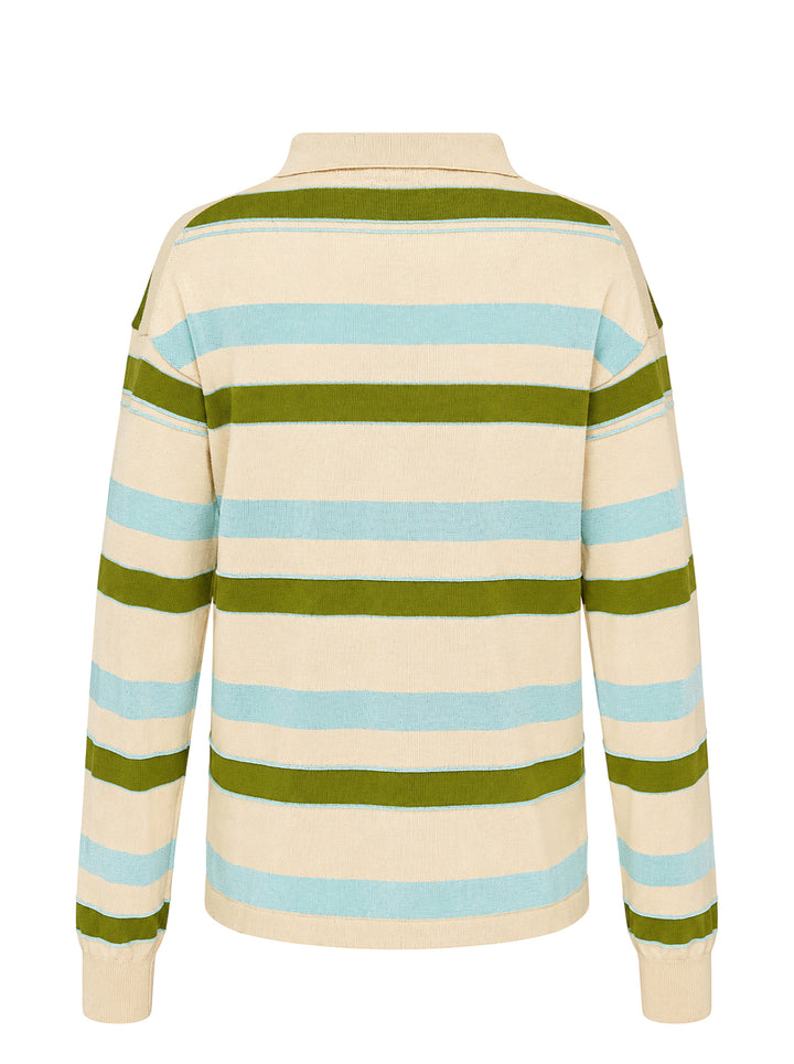 JW Anderson Rugby Knitted Polo in cream with green and light blue horizontal stripes, collar, three-button placket and embroidered anchor logo - view 2