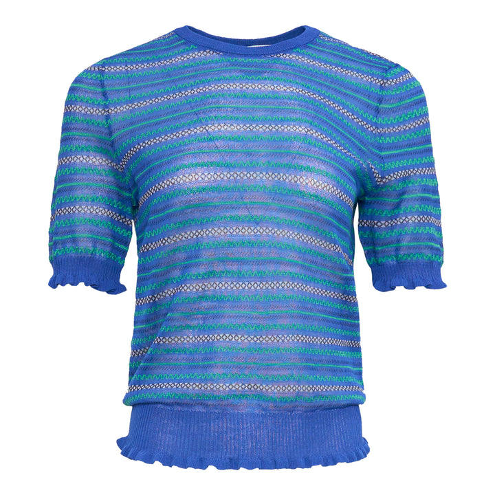 JW Anderson Short Sleeve Sheer Fair Isle Top in blue with green zigzag stripe stitching, open-mesh knit construction, frilled cuffs and double frilled hem, photographed flat on white background