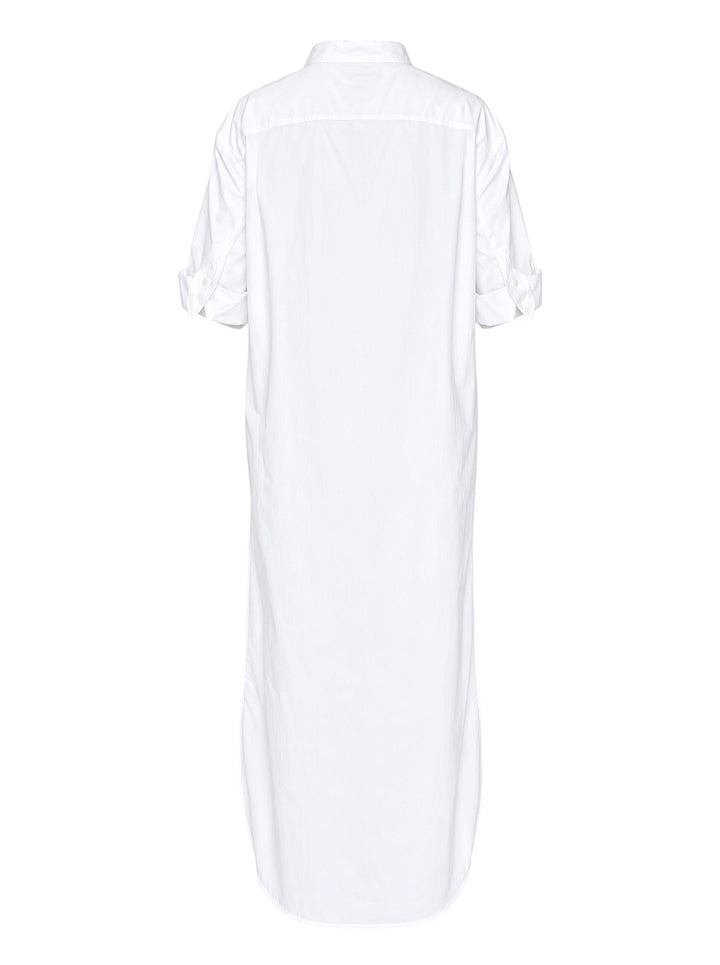 JW Anderson white cotton poplin bib shirt with mandarin collar, button front, short cuffed sleeves and a high-low tailcoat hem - view 2