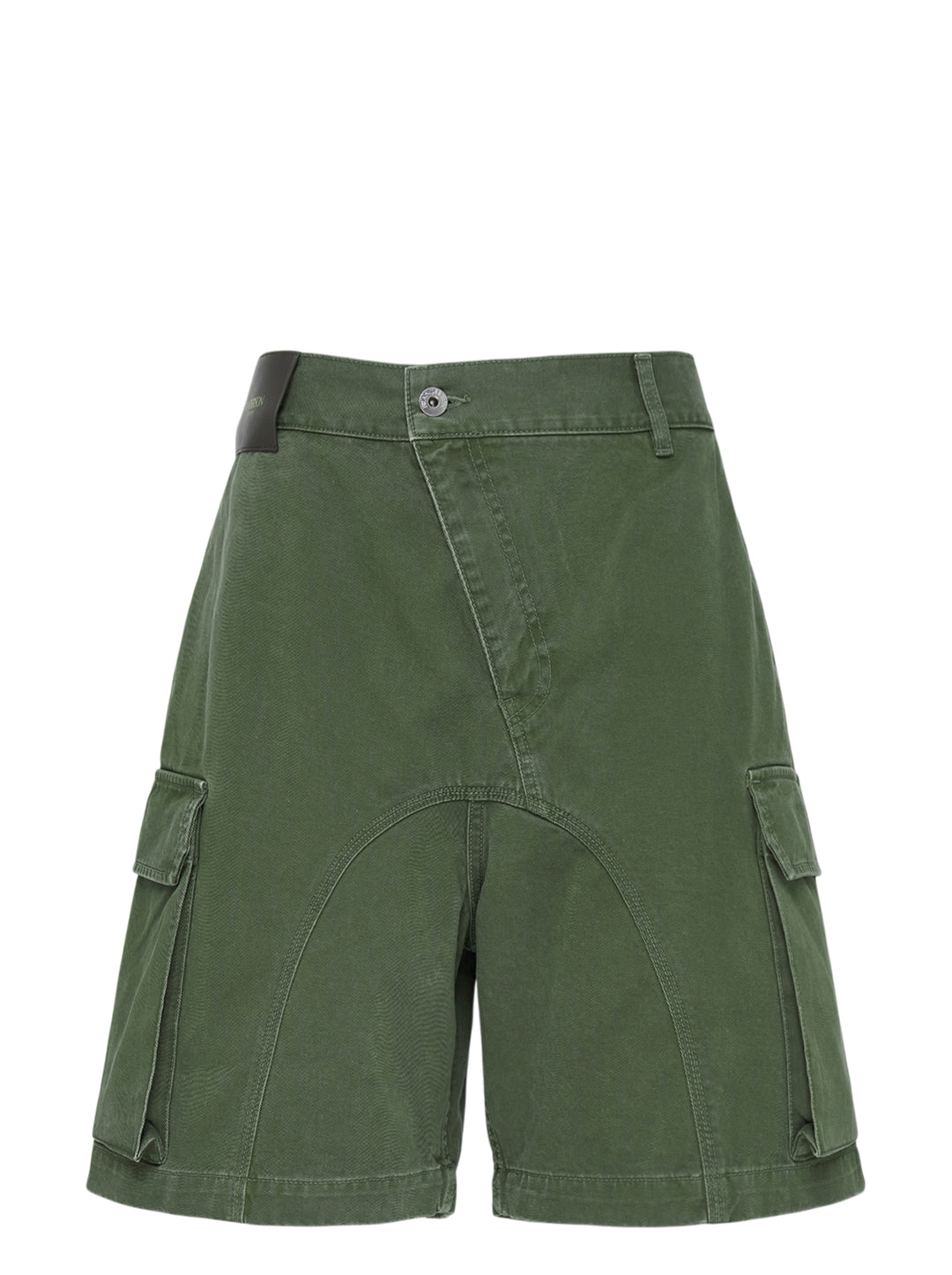 JW Anderson twisted patch pocket cargo shorts in washed olive green cotton with asymmetric waistband and flap pockets