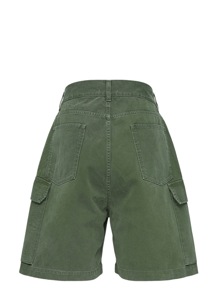 JW Anderson twisted patch pocket cargo shorts in washed olive green cotton with asymmetric waistband and flap pockets - view 3