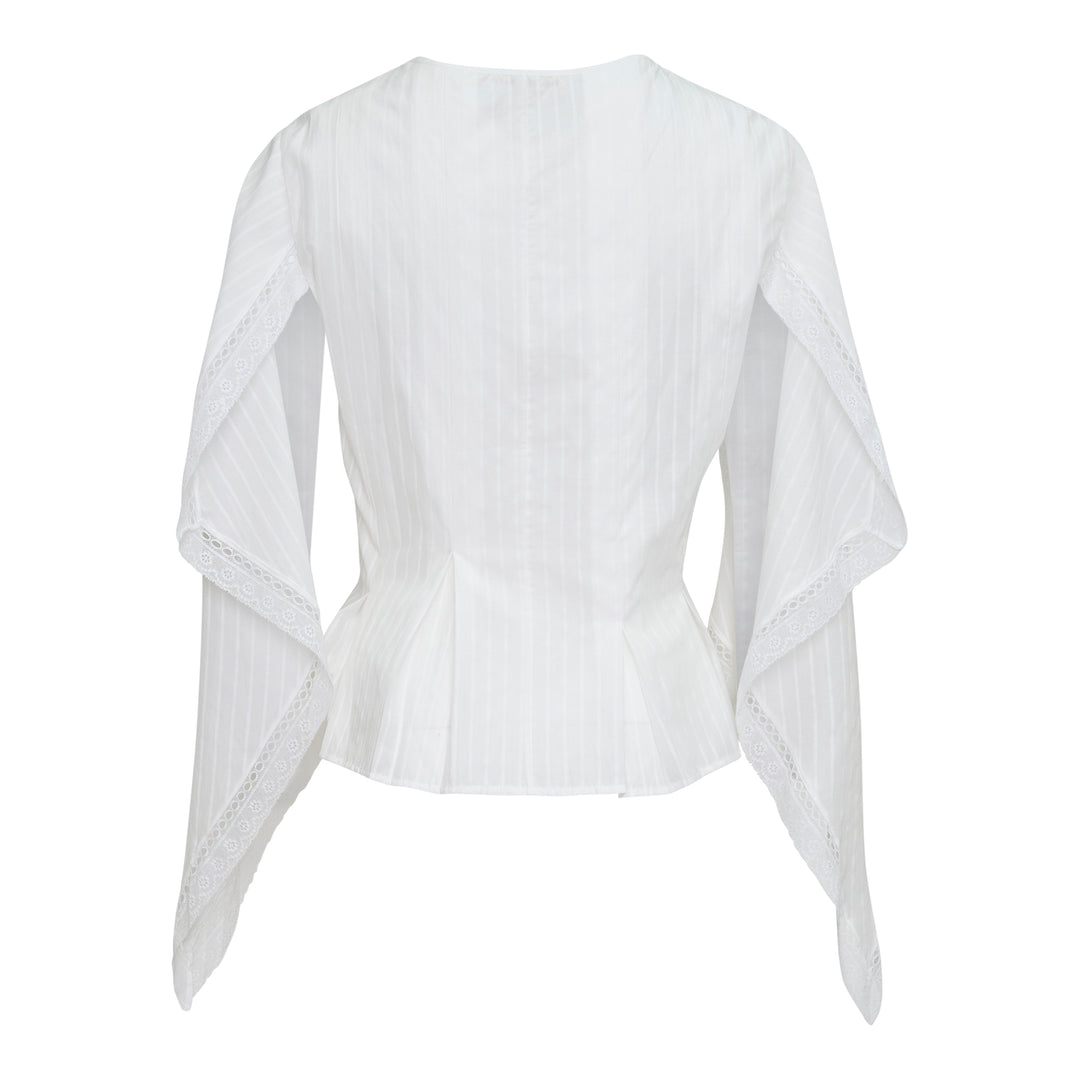 JW Anderson white woven top with dramatic draped handkerchief sleeves trimmed in broderie anglaise lace, fitted pintucked bodice, and a V-neckline with self-tie ribbon closure