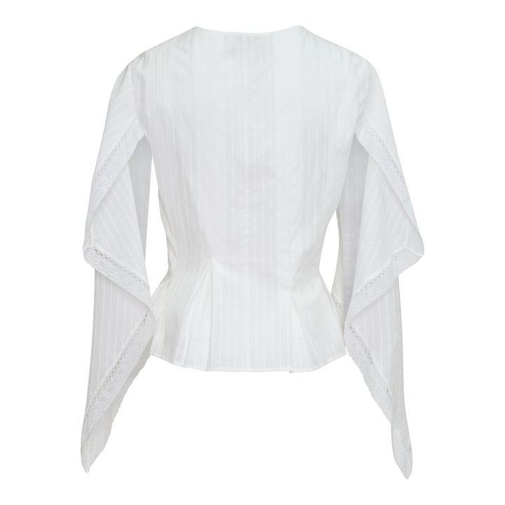 JW Anderson white woven top with dramatic draped handkerchief sleeves trimmed in broderie anglaise lace, fitted pintucked bodice, and a V-neckline with self-tie ribbon closure
