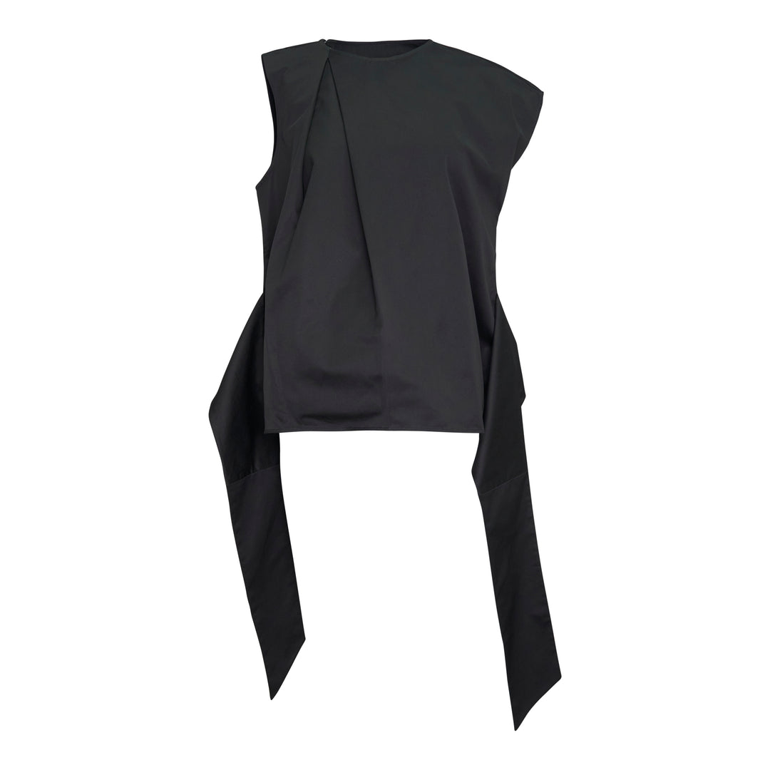 JW Anderson black sleeveless sculptural top with a structured front pleat and elongated sash panels hanging from the hem, displayed on a white background