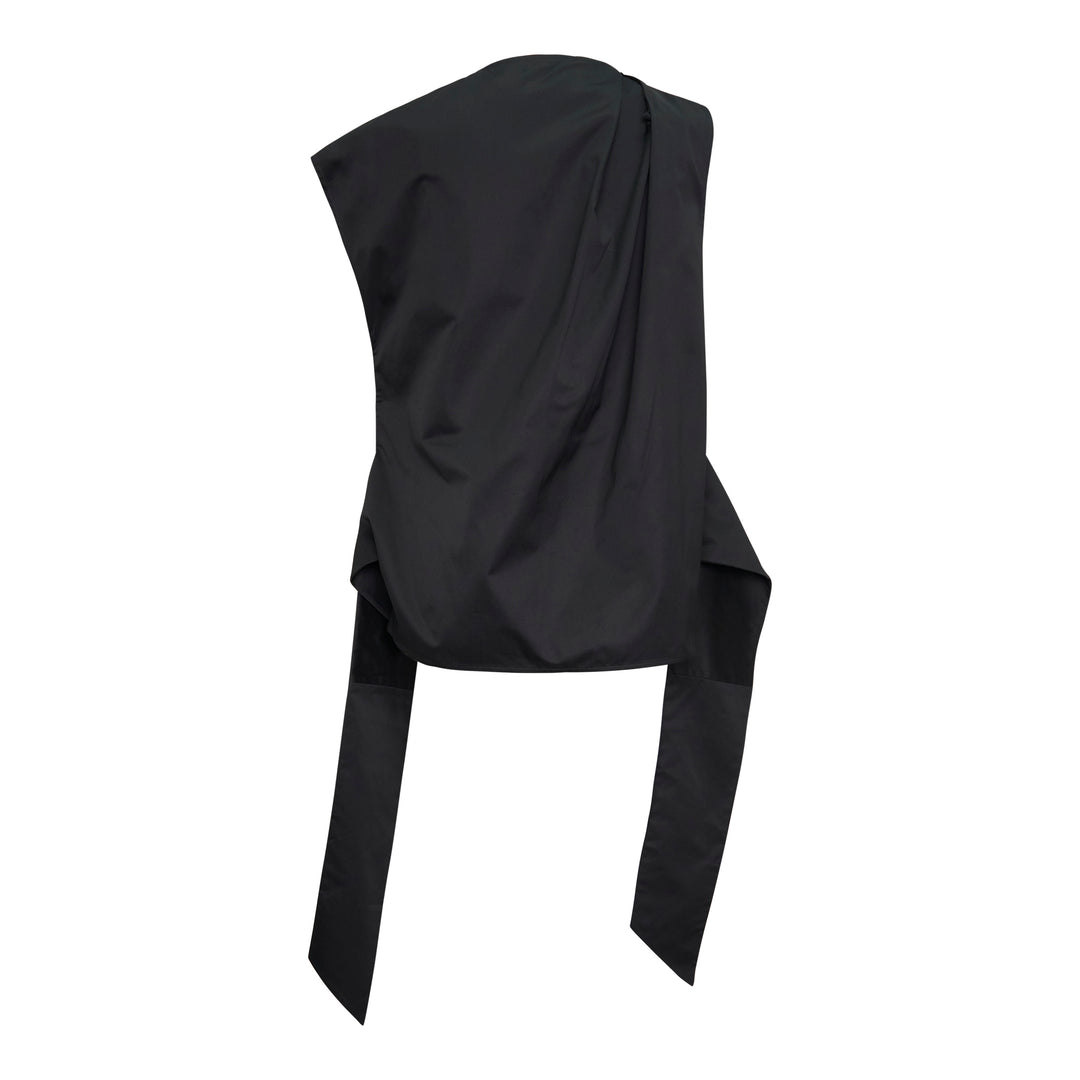 JW Anderson black sleeveless sculptural top with a structured front pleat and elongated sash panels hanging from the hem, displayed on a white background