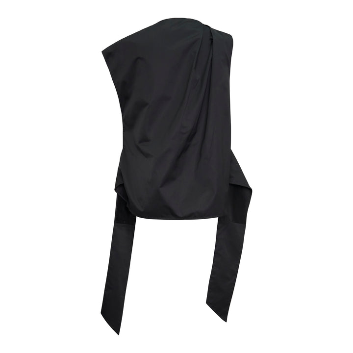 JW Anderson black sleeveless sculptural top with a structured front pleat and elongated sash panels hanging from the hem, displayed on a white background