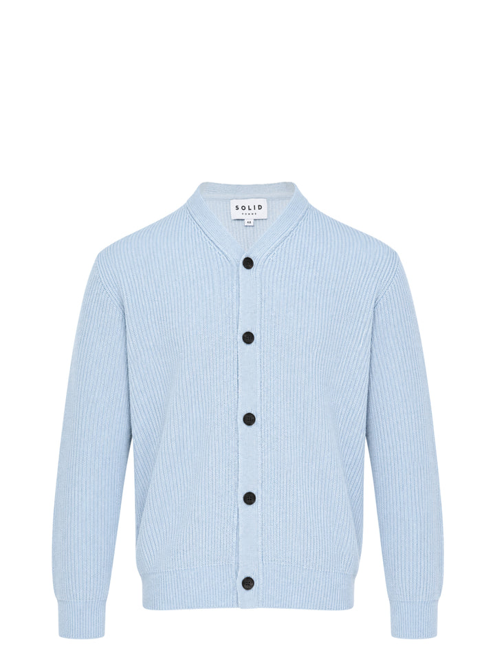 Solid Homme Mid Weight Cardigan in light blue ribbed knit with dark contrast buttons and V-neckline, front view