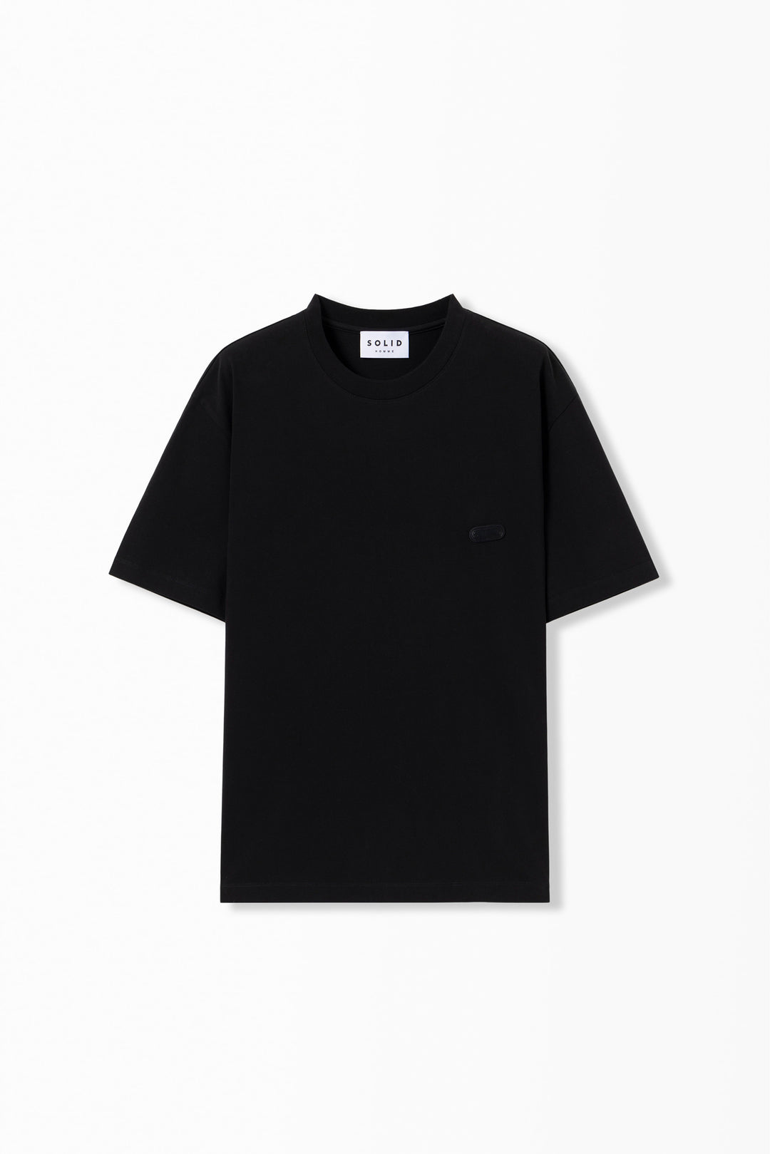 Solid Homme Architecture Short Sleeve Tee in black with gold embroidered Wooyoungmi Paris logo on the chest, oversized fit, crewneck collar, white background - view 2