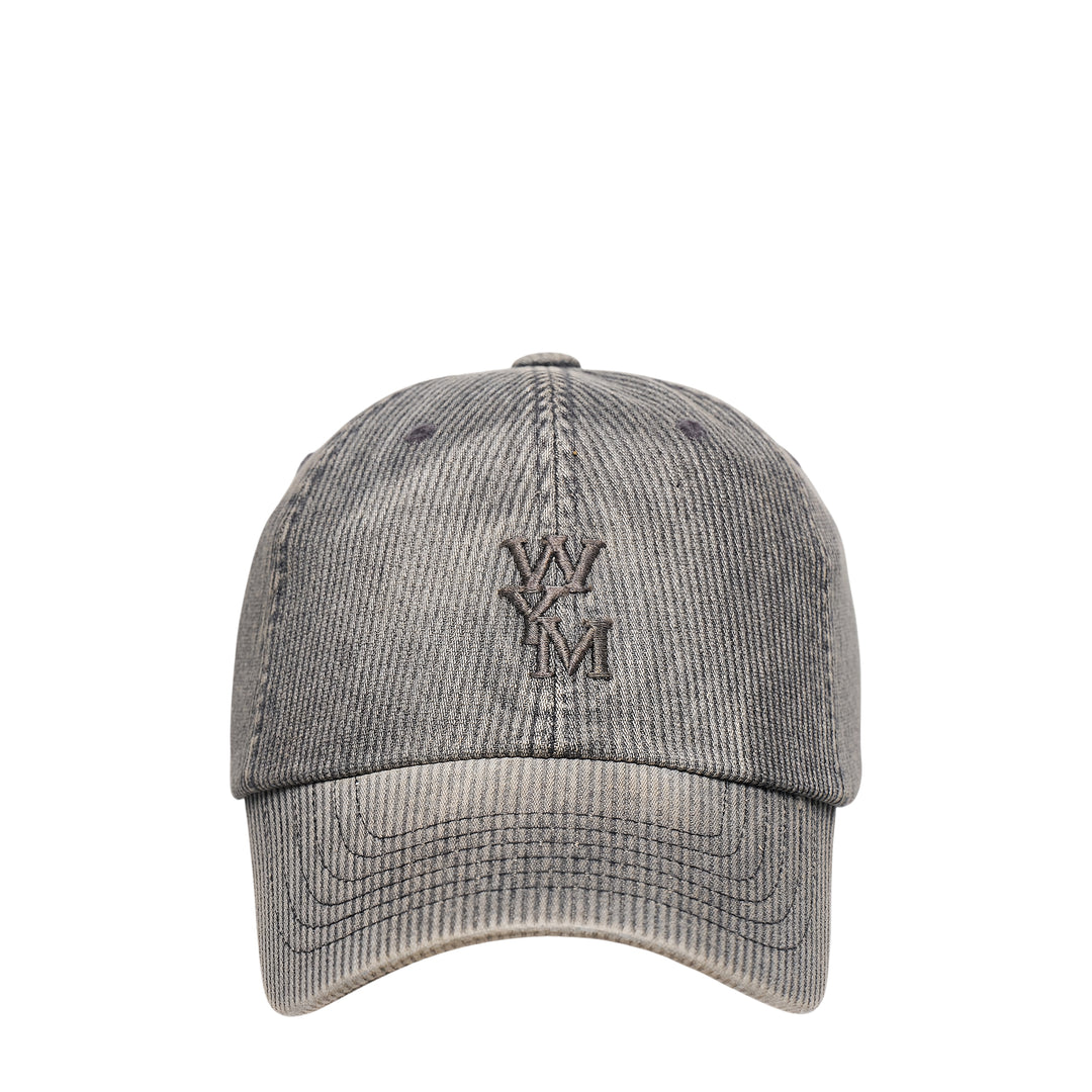 Wooyoungmi black cotton twill baseball cap with white embroidered WYM interlocking monogram on the front panel, shown from the front against a white background
