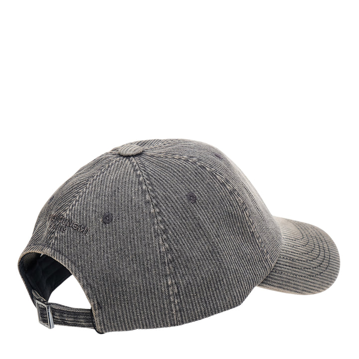 Wooyoungmi black cotton twill baseball cap with white embroidered WYM interlocking monogram on the front panel, shown from the front against a white background