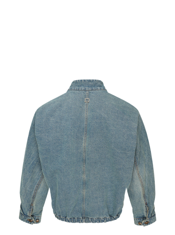 Wooyoungmi washed light indigo denim blouson with funnel collar, brass zip closure, hip pockets, and small logo embroidery on the chest - view 2