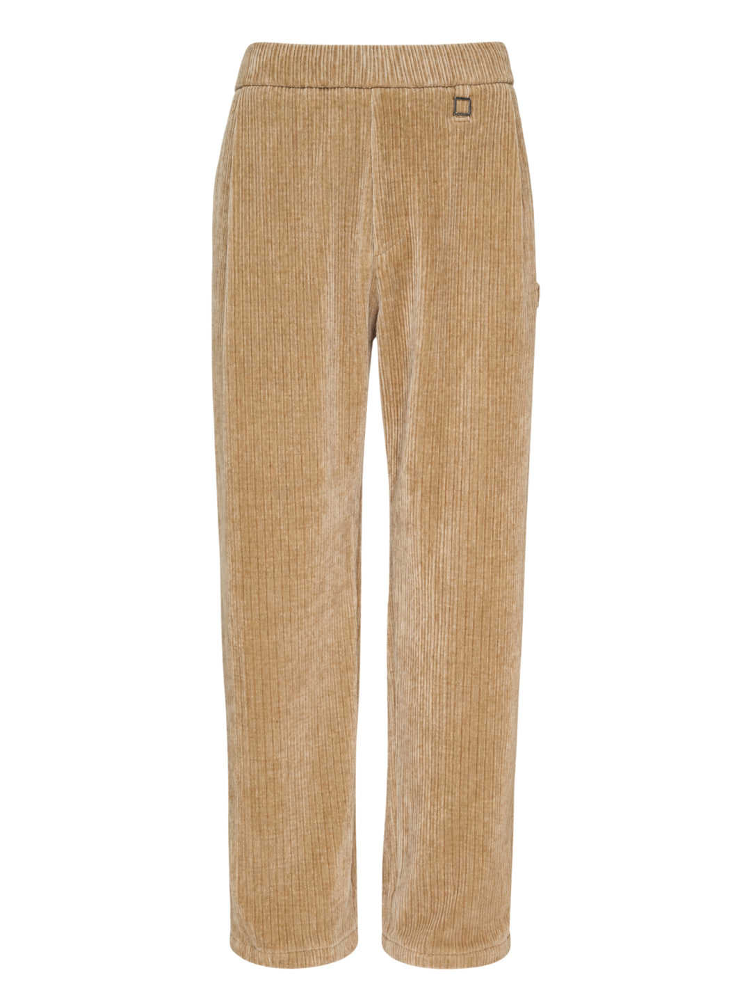 Wooyoungmi Flock Corduroy Track Pants in sand, featuring a wide-wale ribbed texture, elasticated waistband, and straight-leg silhouette with metal hardware label detail