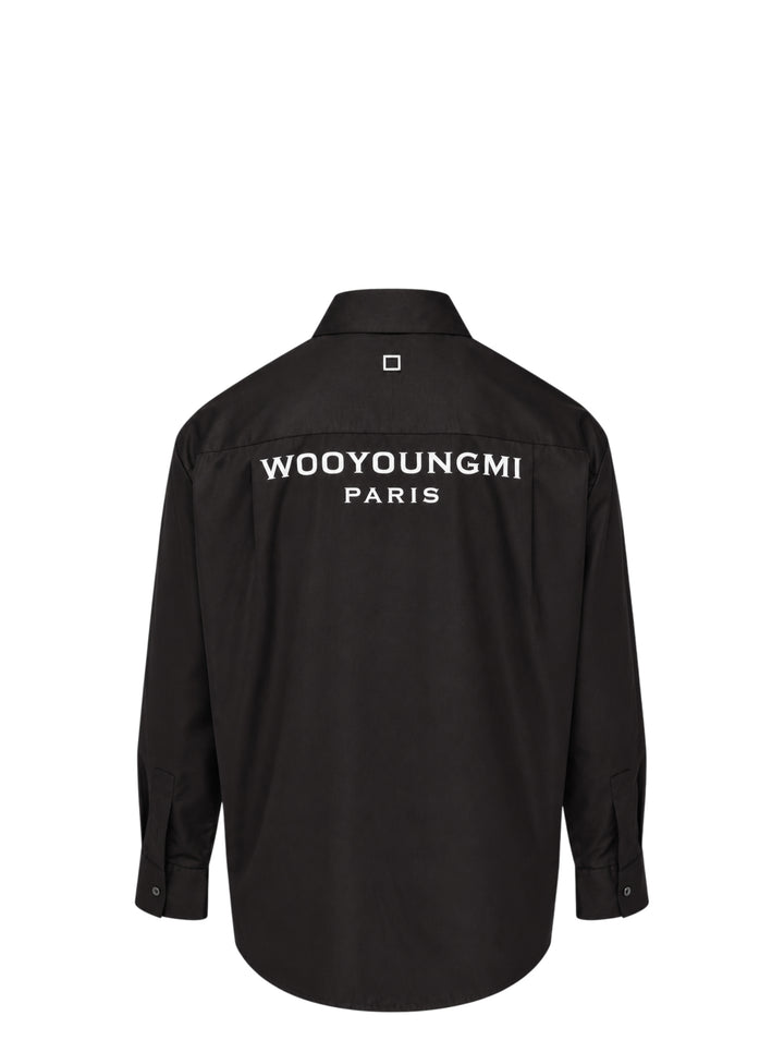 Wooyoungmi black long sleeve button-up shirt with tonal embroidered logo on chest pocket and silver-tone buttons - view 2