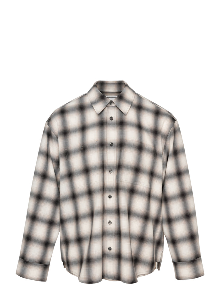 Wooyoungmi ombré shadow plaid long sleeve shirt in cream and charcoal, featuring a point collar, full button placket with gunmetal buttons, chest patch pocket, and a curved hem