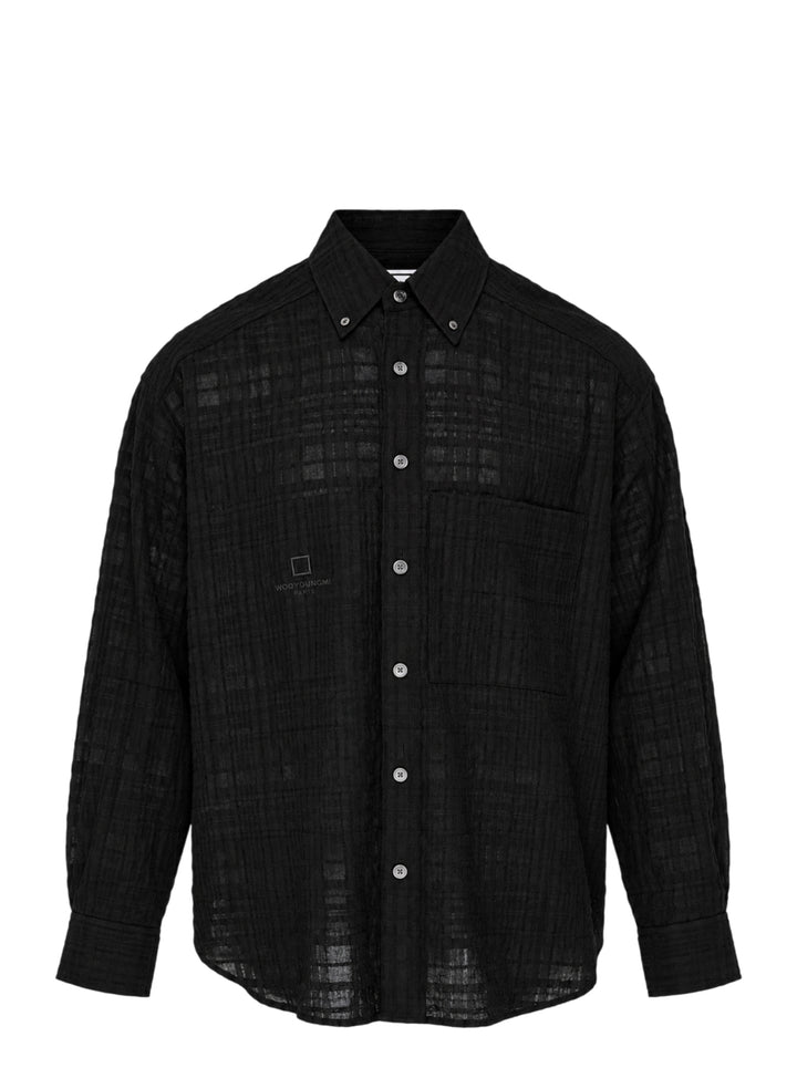 Wooyoungmi Crinkled Texture Long Sleeve Shirt in black, featuring a semi-sheer tonal plaid weave, button-down collar, chest patch pocket, and tone-on-tone Wooyoungmi Paris logo