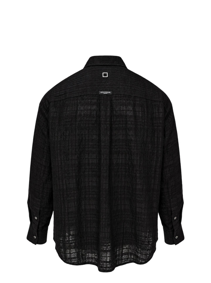 Wooyoungmi Crinkled Texture Long Sleeve Shirt in black, featuring a semi-sheer tonal plaid weave, button-down collar, chest patch pocket, and tone-on-tone Wooyoungmi Paris logo - view 2