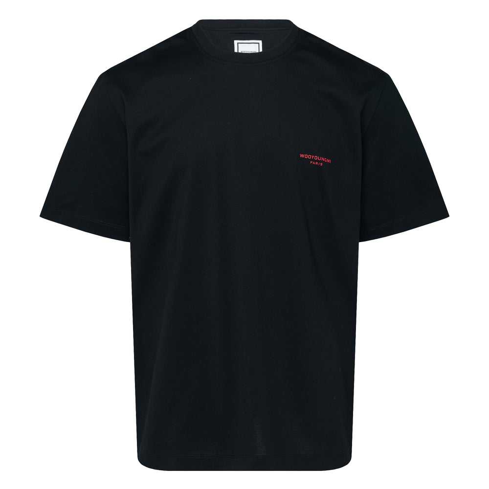 Wooyoungmi black short sleeve cotton tee with fuzzy embroidered Wooyoungmi Paris logo at the chest, crew neck, relaxed fit, product flat shot on white background