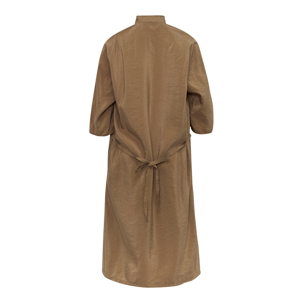 Lemaire Soft Collar Dry Silk Dress in camel — oversized A-line silhouette with gathered stand collar, three-quarter sleeves, and asymmetric handkerchief hem - view 2