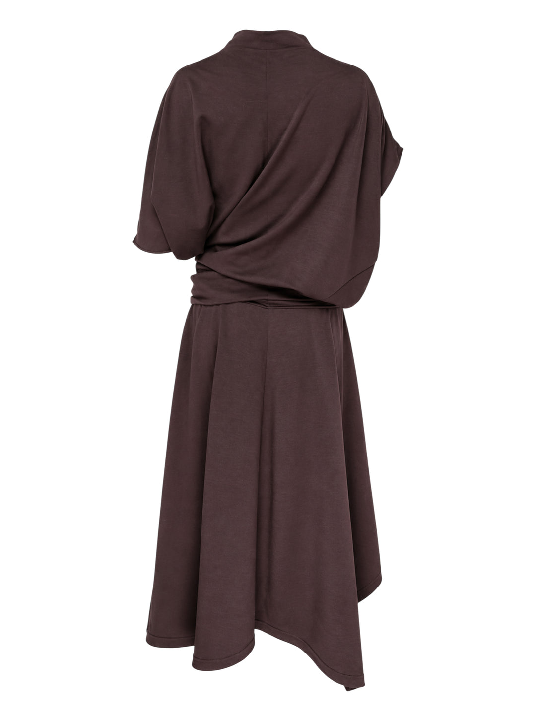 Lemaire twisted asymmetric draped dress in wool viscose jersey with gathered waist and handkerchief hem, shown from the front - view 2