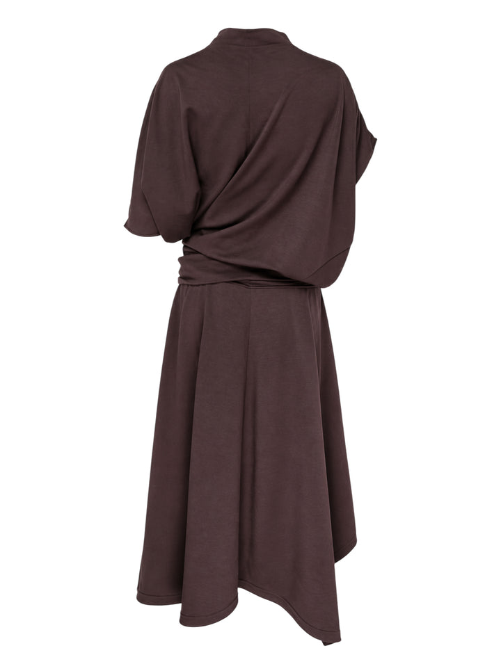 Lemaire twisted asymmetric draped dress in wool viscose jersey with gathered waist and handkerchief hem, shown from the front - view 2