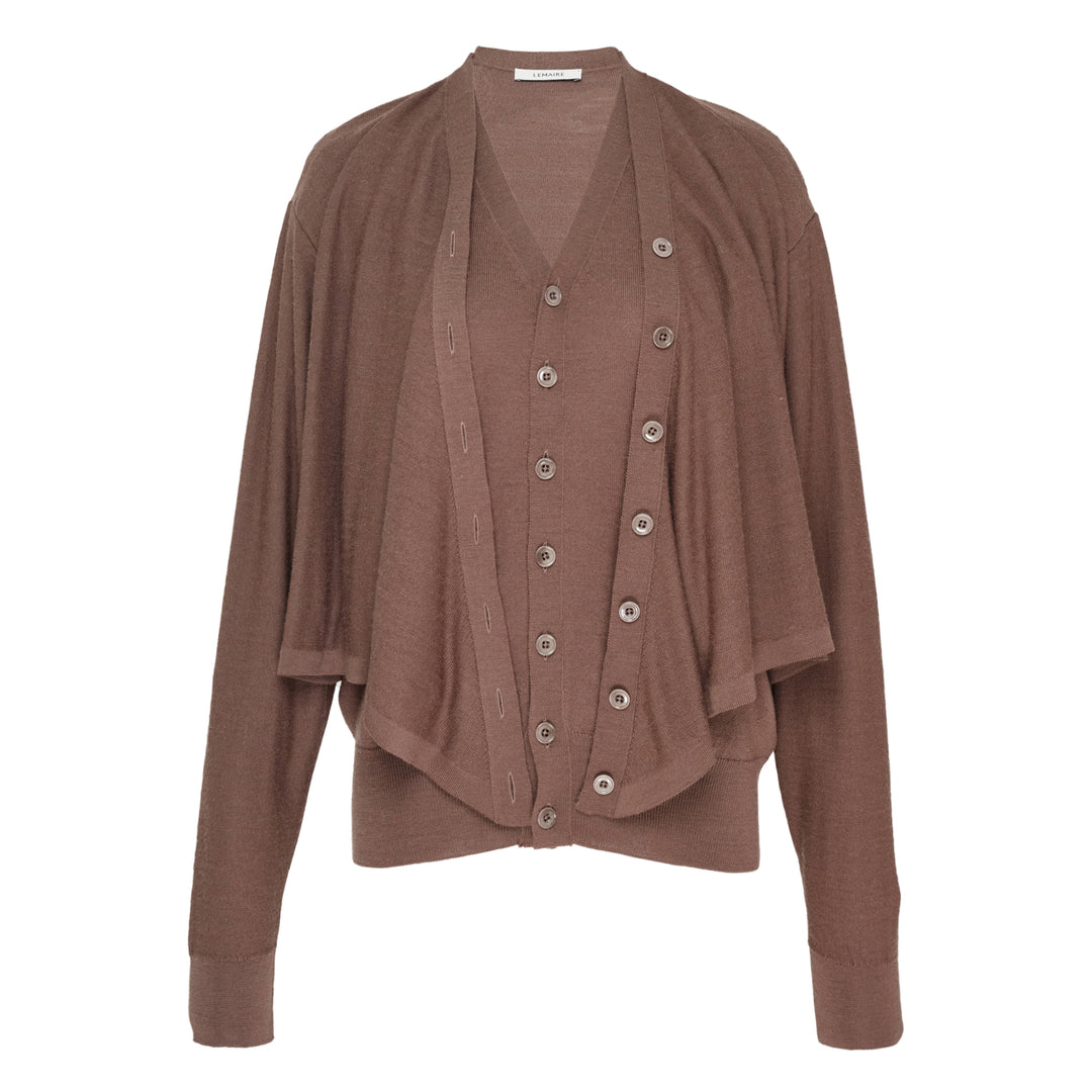 Lemaire Trompe L'Oeil Cardigan in merin brown, featuring a tonal button placket, draped open-front outer panel, and ribbed cuffs — front view on white background