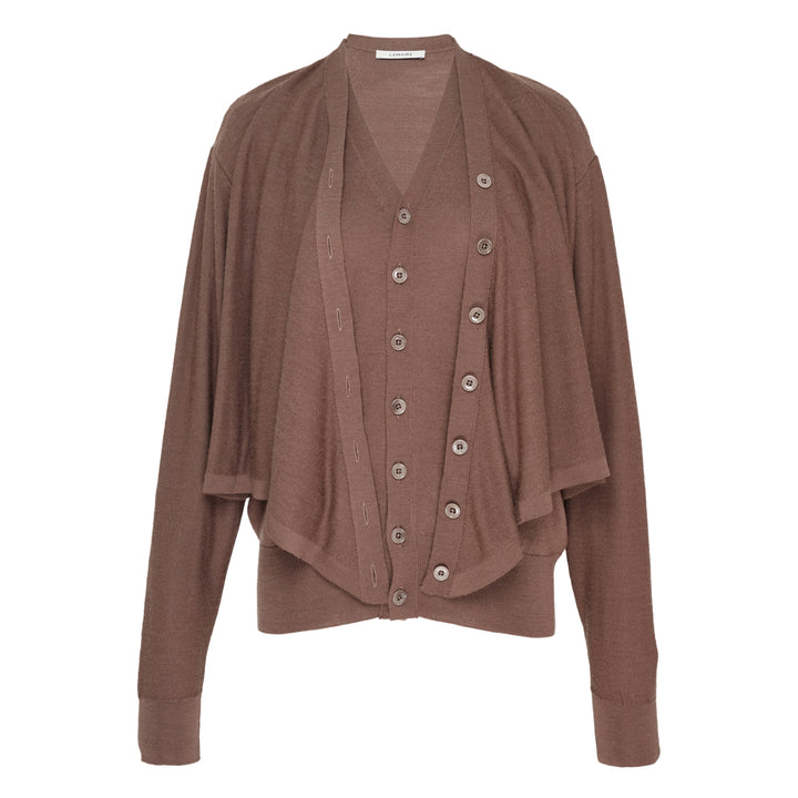 Lemaire Trompe L'Oeil Cardigan in merin brown, featuring a tonal button placket, draped open-front outer panel, and ribbed cuffs — front view on white background