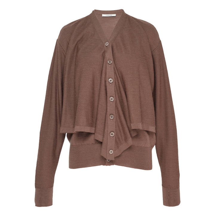 Lemaire Trompe L'Oeil Cardigan in merin brown, featuring a tonal button placket, draped open-front outer panel, and ribbed cuffs — front view on white background