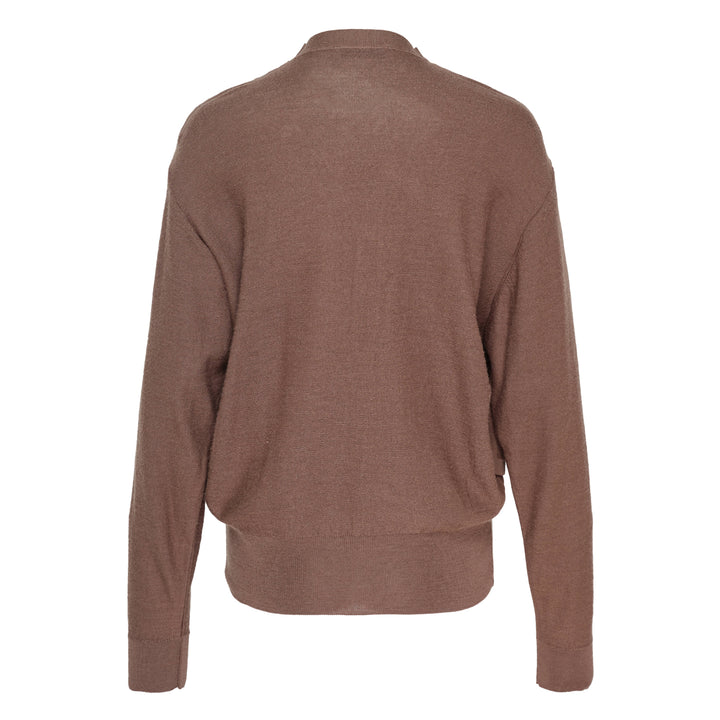 Lemaire Trompe L'Oeil Cardigan in merin brown, featuring a tonal button placket, draped open-front outer panel, and ribbed cuffs — front view on white background
