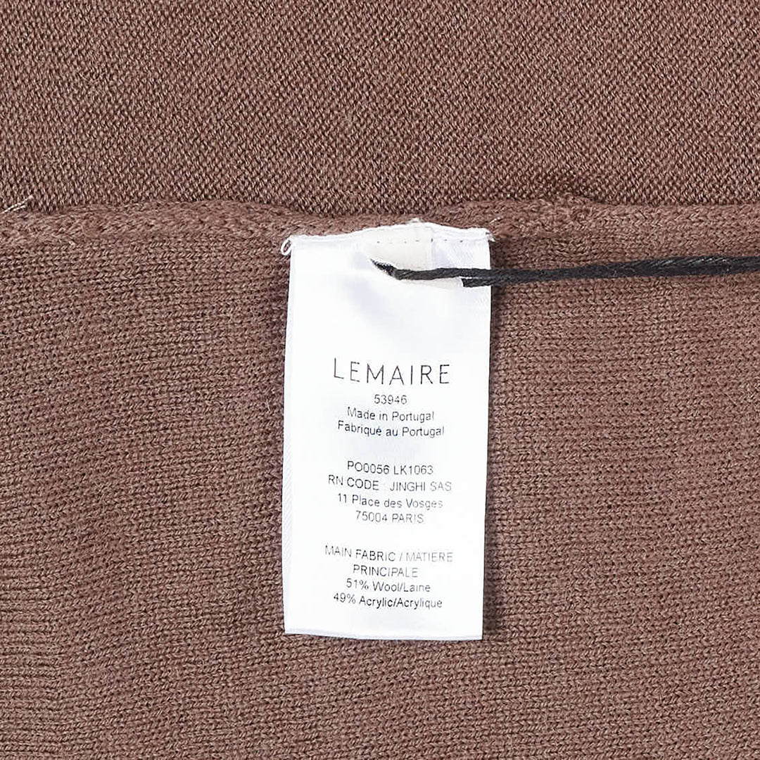 Lemaire Trompe L'Oeil Cardigan in merin brown, featuring a tonal button placket, draped open-front outer panel, and ribbed cuffs — front view on white background