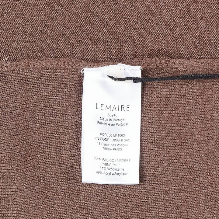 Lemaire Trompe L'Oeil Cardigan in merin brown, featuring a tonal button placket, draped open-front outer panel, and ribbed cuffs — front view on white background