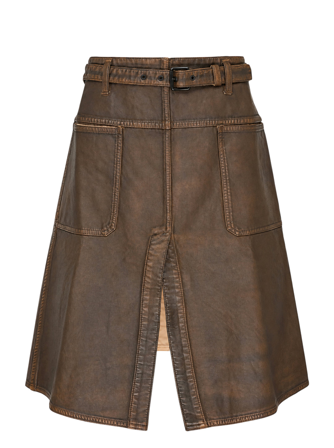 Lemaire brown coated denim workwear skirt with belted waist, patch pockets and centre front slit