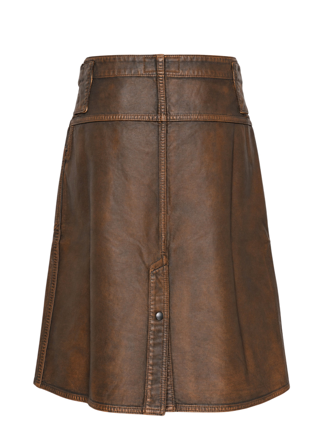 Lemaire brown coated denim workwear skirt with belted waist, patch pockets and centre front slit - view 2