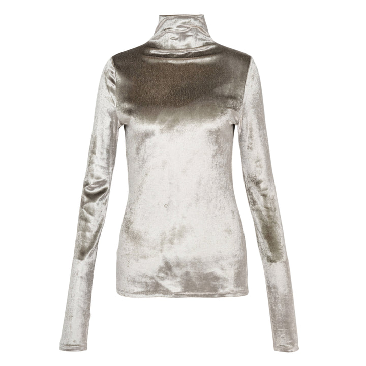 Lemaire Fitted High Neck Velvet Top in silver-grey crushed velvet, shown from the back, featuring a turtleneck collar and long fitted sleeves